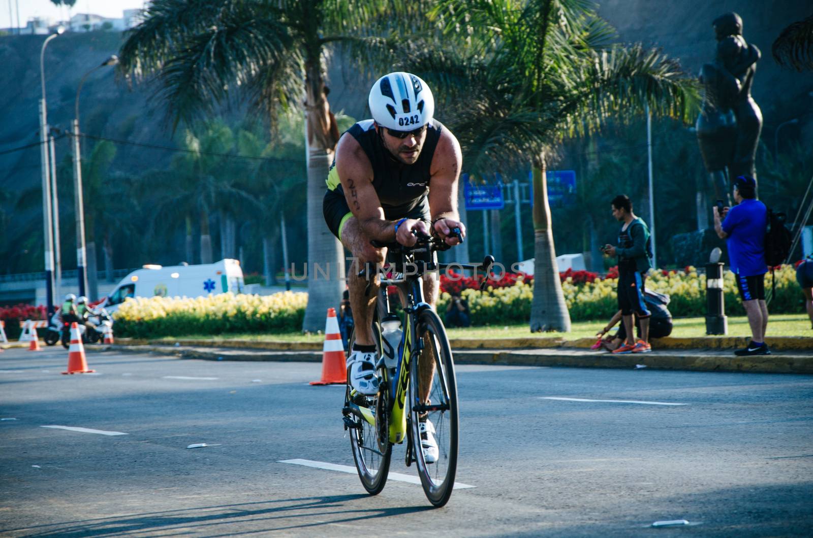 LIMA, PERU - APRIL 22th 2018: Ironman 70.3 . Athletes competing in the second stage of this great competition that is now cycling