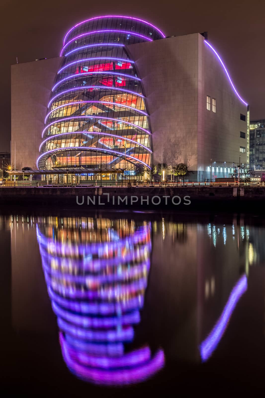 DUBLIN, IRELAND -20 JAN 2016- Opened in 2010, the Dublin Convention Center is located on Spencer Dock along the River Liffey Night by mlechanteur