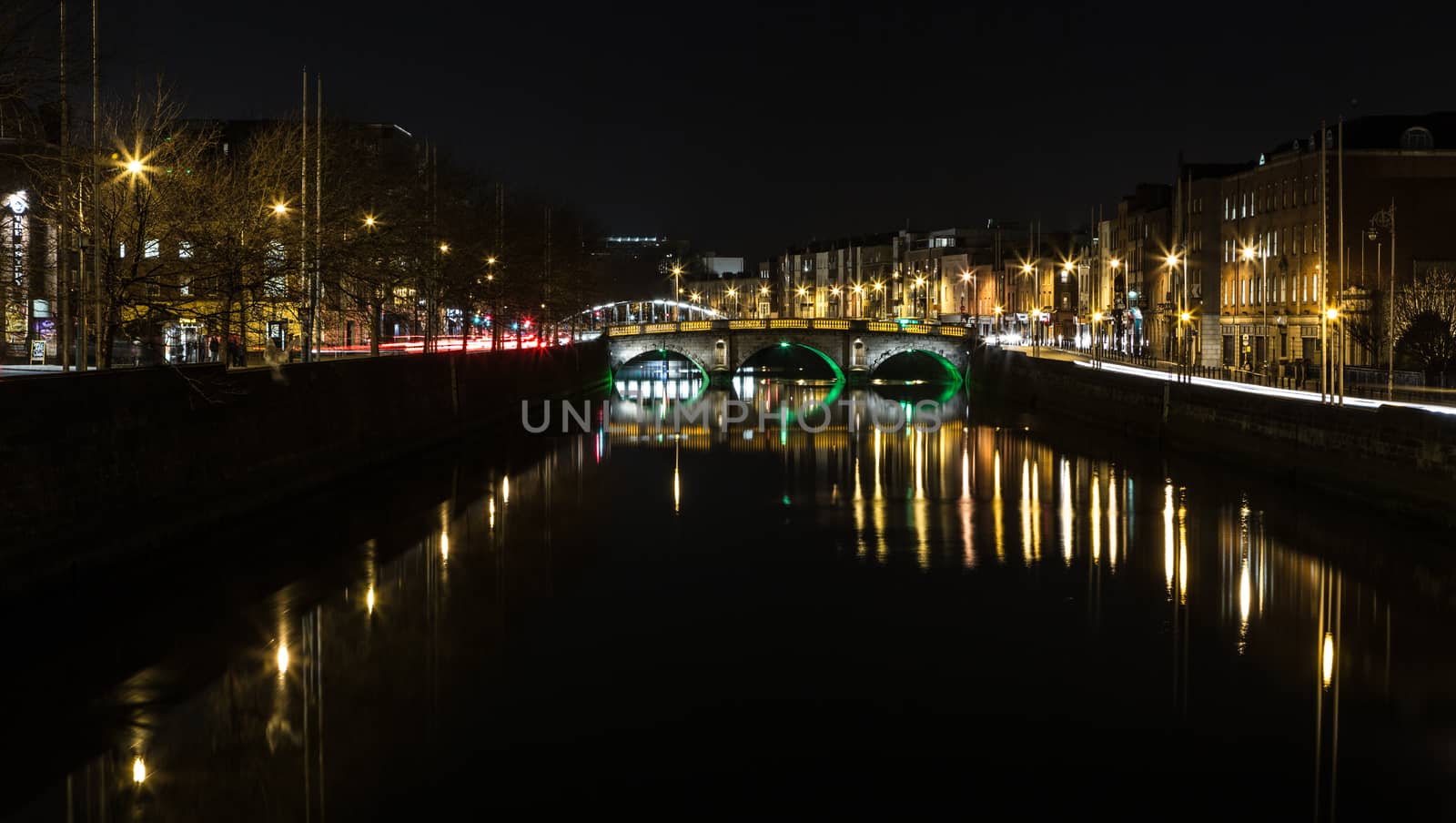 Night picture of the river liffey and bridges Dublin Ireland