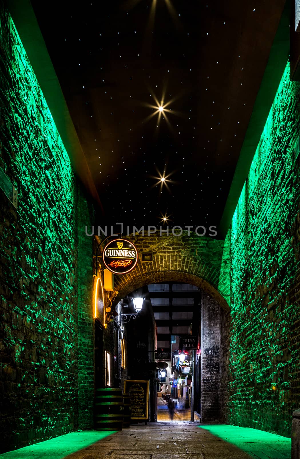 Dublin Ireland, jan 21 2017 Dublin alley at night green lights and stars uk by mlechanteur