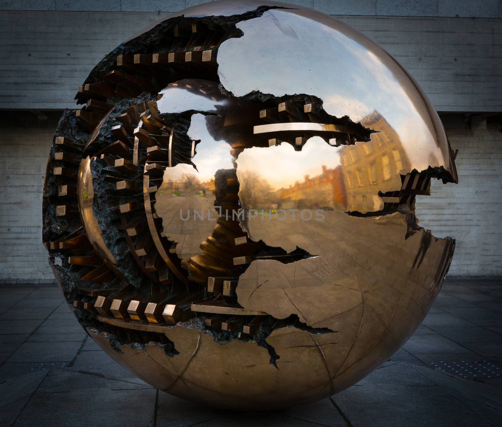 DUBLIN, IRELAND - JAN 20, 2017: Sphere Within Sphere is a bronze sculpture in Trinity