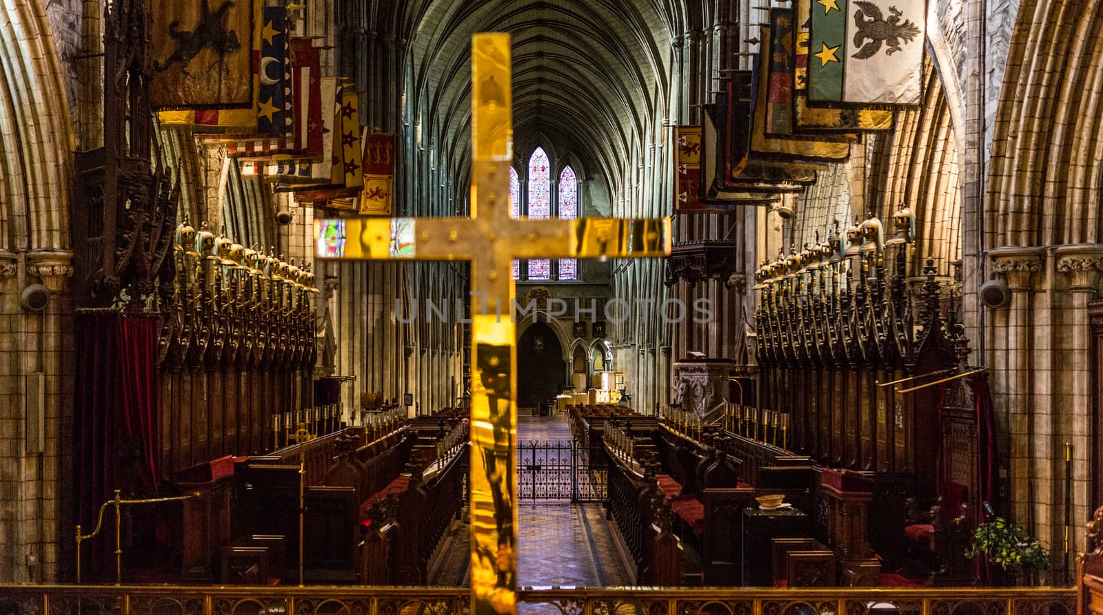DUBLIN, IRELAND - JANUARY 20 2017: Cross and Interior Saint Patrick Cathedral in Dublin. Christian Church in Dublin Ireland by mlechanteur