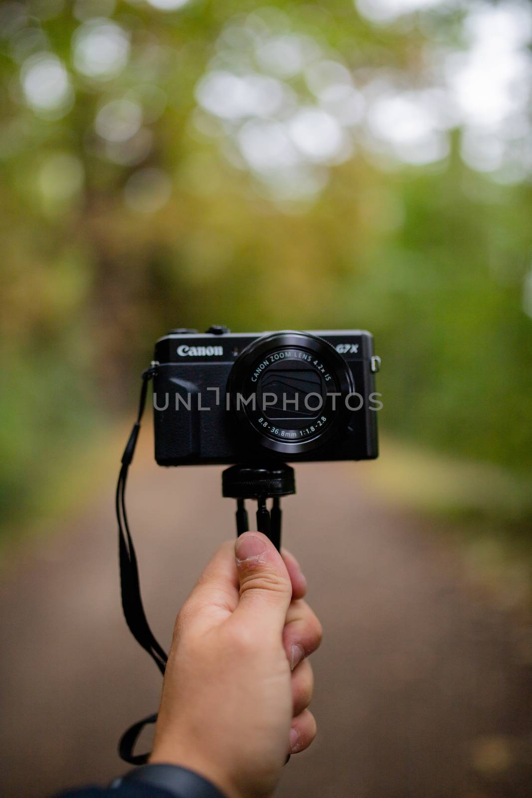 London, UK - September 30, 2020: Portrait View of a Hand Holding a Camera that faces the photographer, with a Blurry Forest as Background