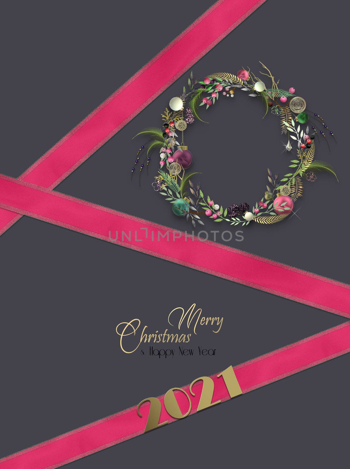 Christmas holiday New Year background with pink ribbon, gold digit 2021, Xmas 3D wreath on dark chocolate pastel background. Text Merry Christmas Happy New Year. 3D render. Place for text, mock up