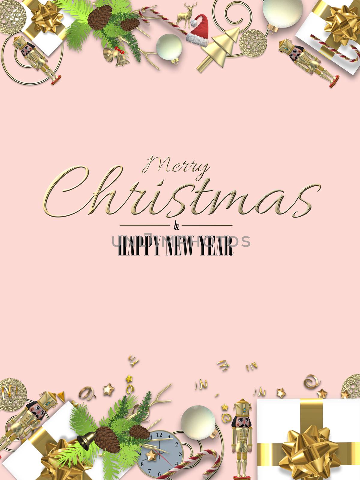 Holiday Christmas card on pink. Set of 3D realistic Xmas symbols Xmas gift boxes, fir, confetti on pink background. Flat lay. Gold text Merry Christmas Happy New Year. 3D illustration