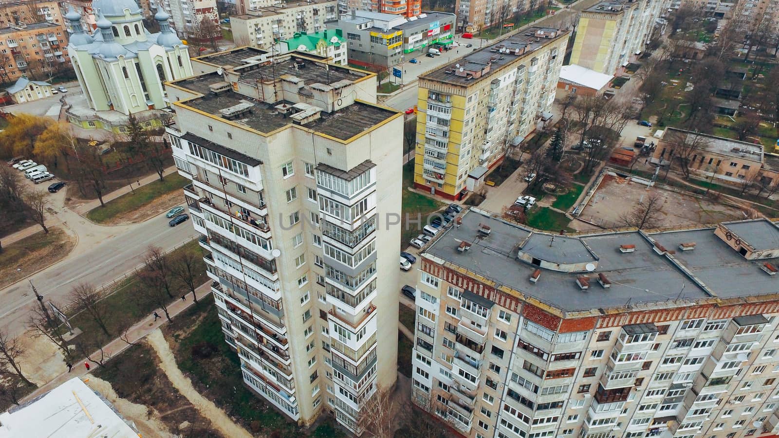 Aerial view of city, church, park, road from a bird's eye view. Ukraine Ternopil