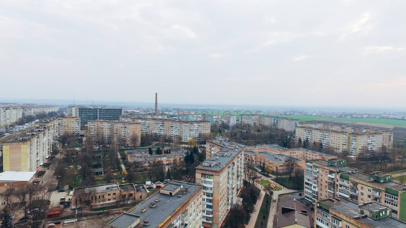 Aerial view of city, park, road from a bird's eye view. Ukraine Ternopil