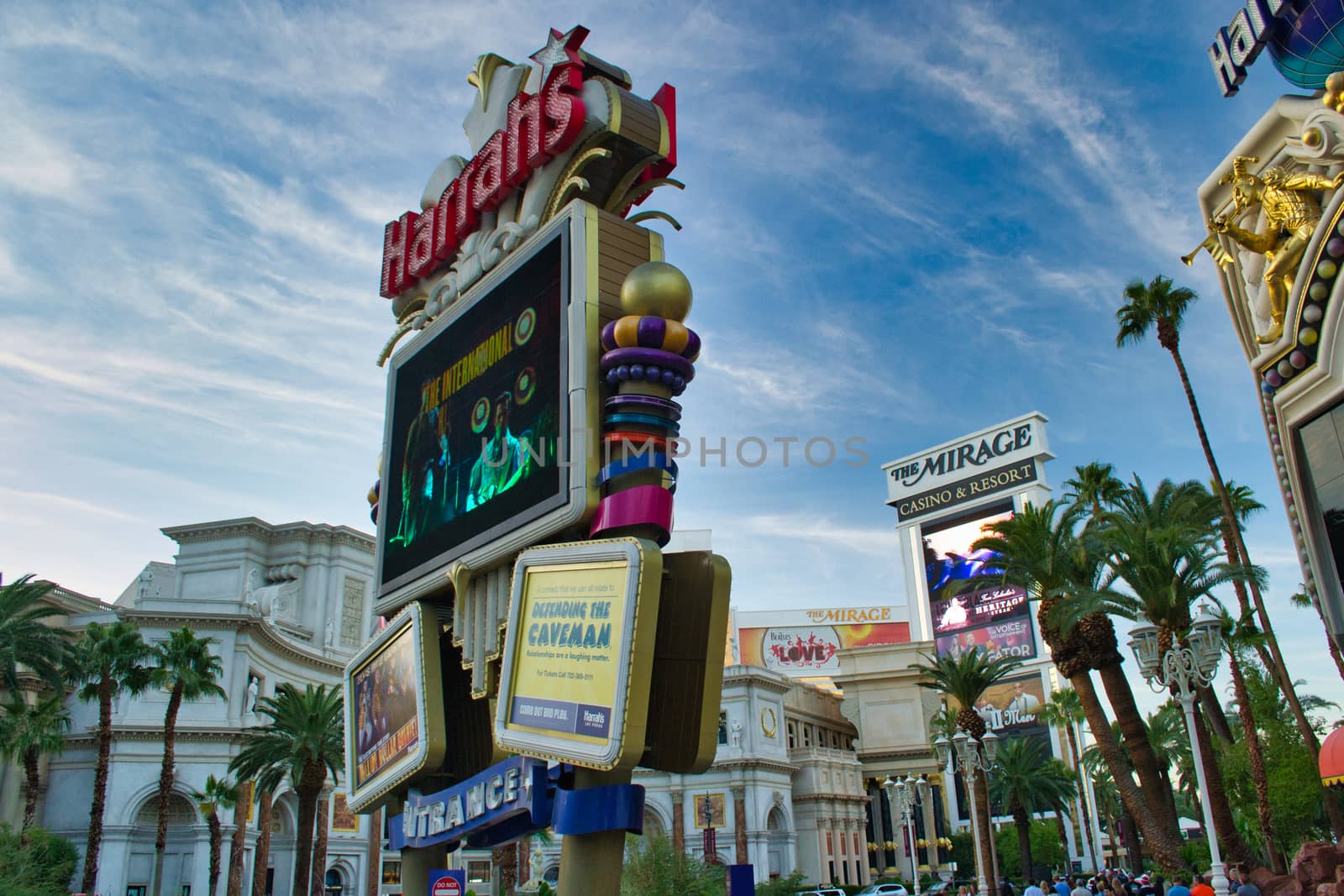 Las Vegas, USA, November 2013: Las Vegas hotel and casino billboards ath the strip, including harrahs, and the mirage.