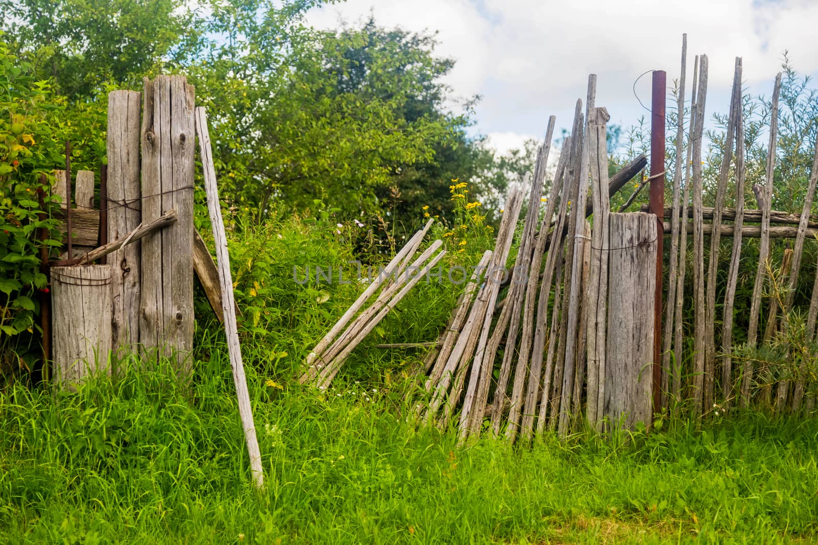 Old rickety wooden fence made of narrow boards in front of village house by galinasharapova