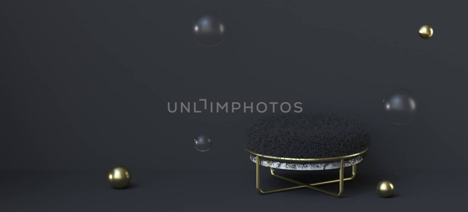 Abstract background black fur podium with flying spheres 3D render illustration on black background