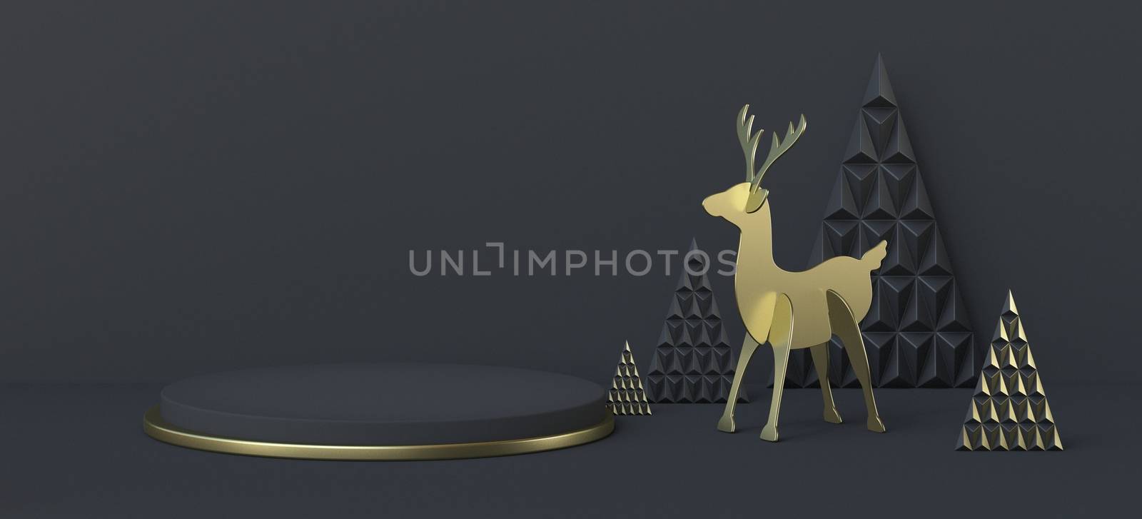 Abstract background reindeer and triangle Christmas trees 3D render illustration on black background