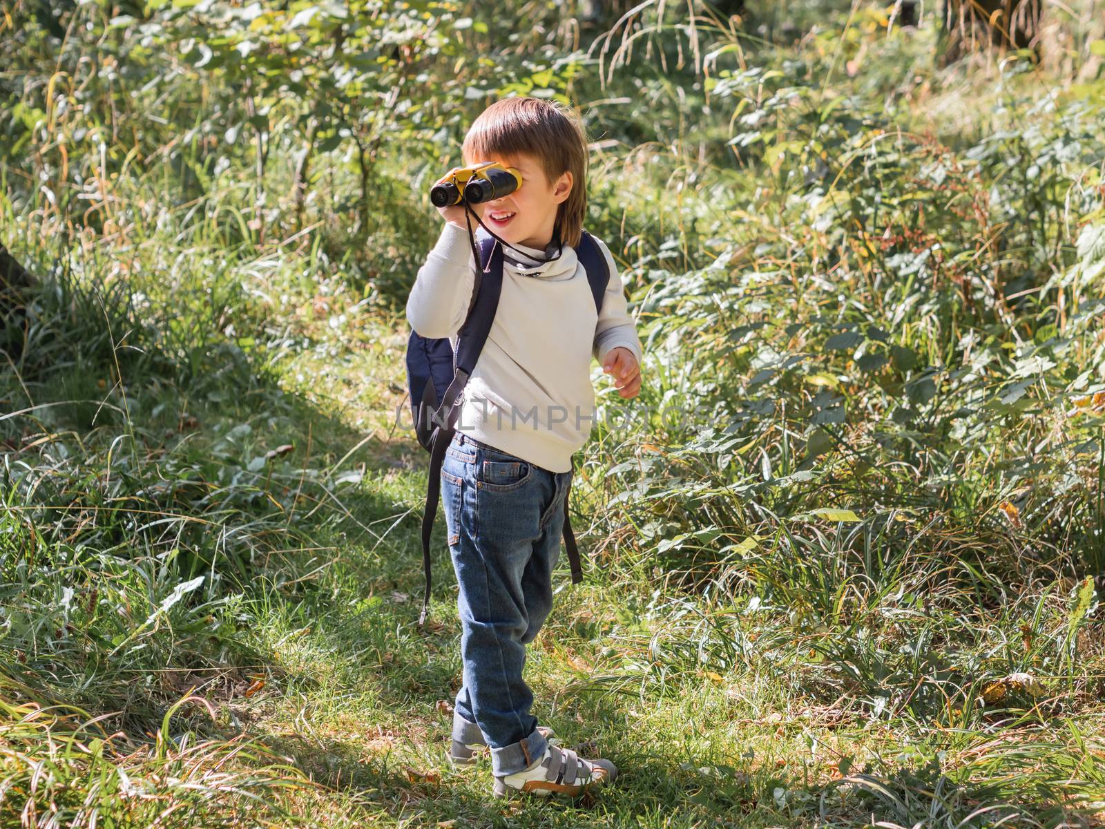 Curious boy is hiking in forest. Outdoor leisure activity for kids. Child looks through binoculars on tree foliage. Sunny day at autumn or summer day.