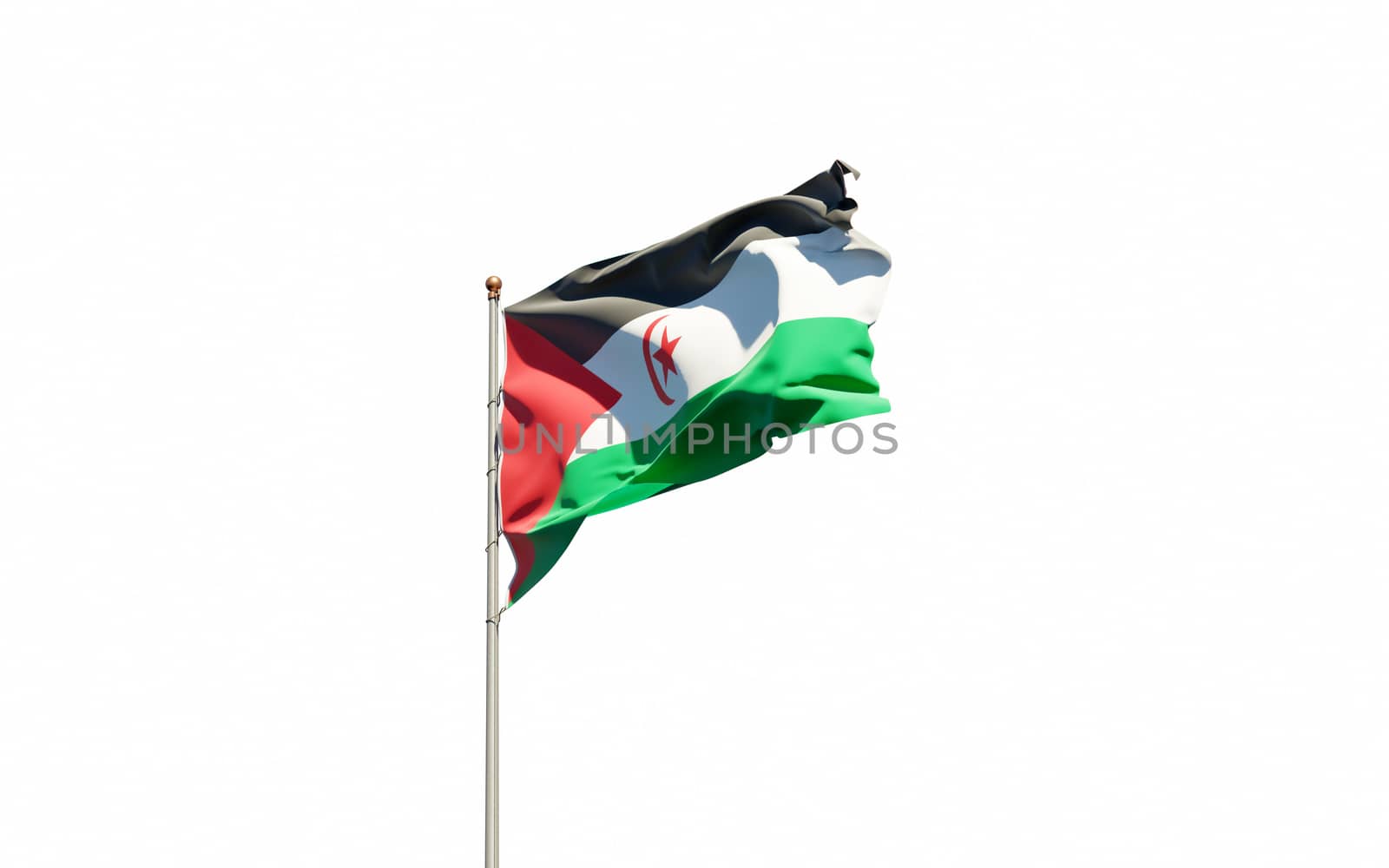 Beautiful national state flag of Sahrawi fluttering at sky background. Low angle close-up Sahrawi flag 3D artwork.