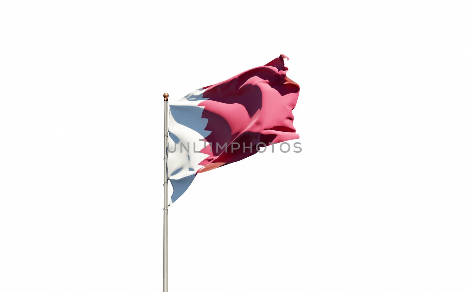 Beautiful national state flag of Qatar fluttering at sky background. Low angle close-up Qatar flag 3D artwork.