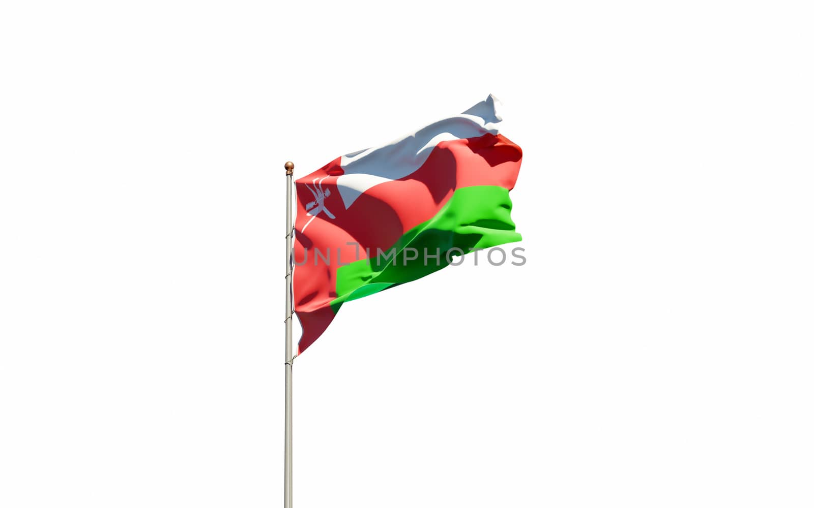 Beautiful national state flag of Oman fluttering at sky background. Low angle close-up Oman flag 3D artwork.