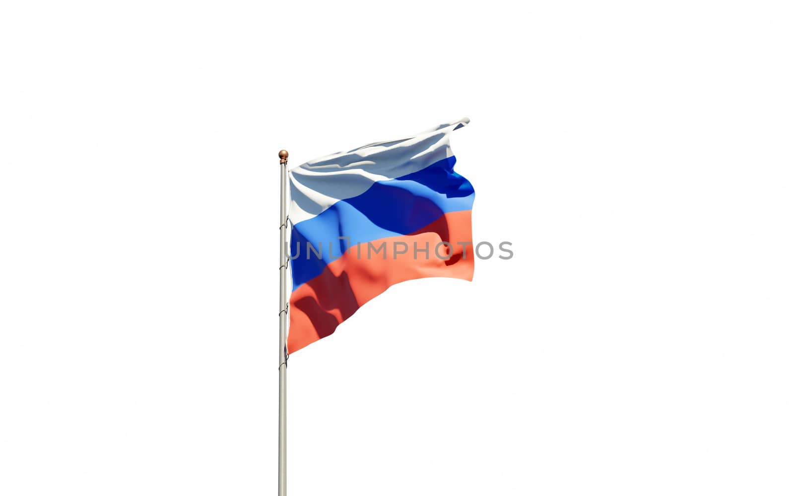 Beautiful national state flag of Russia fluttering at sky background. Low angle close-up Russia flag 3D artwork.