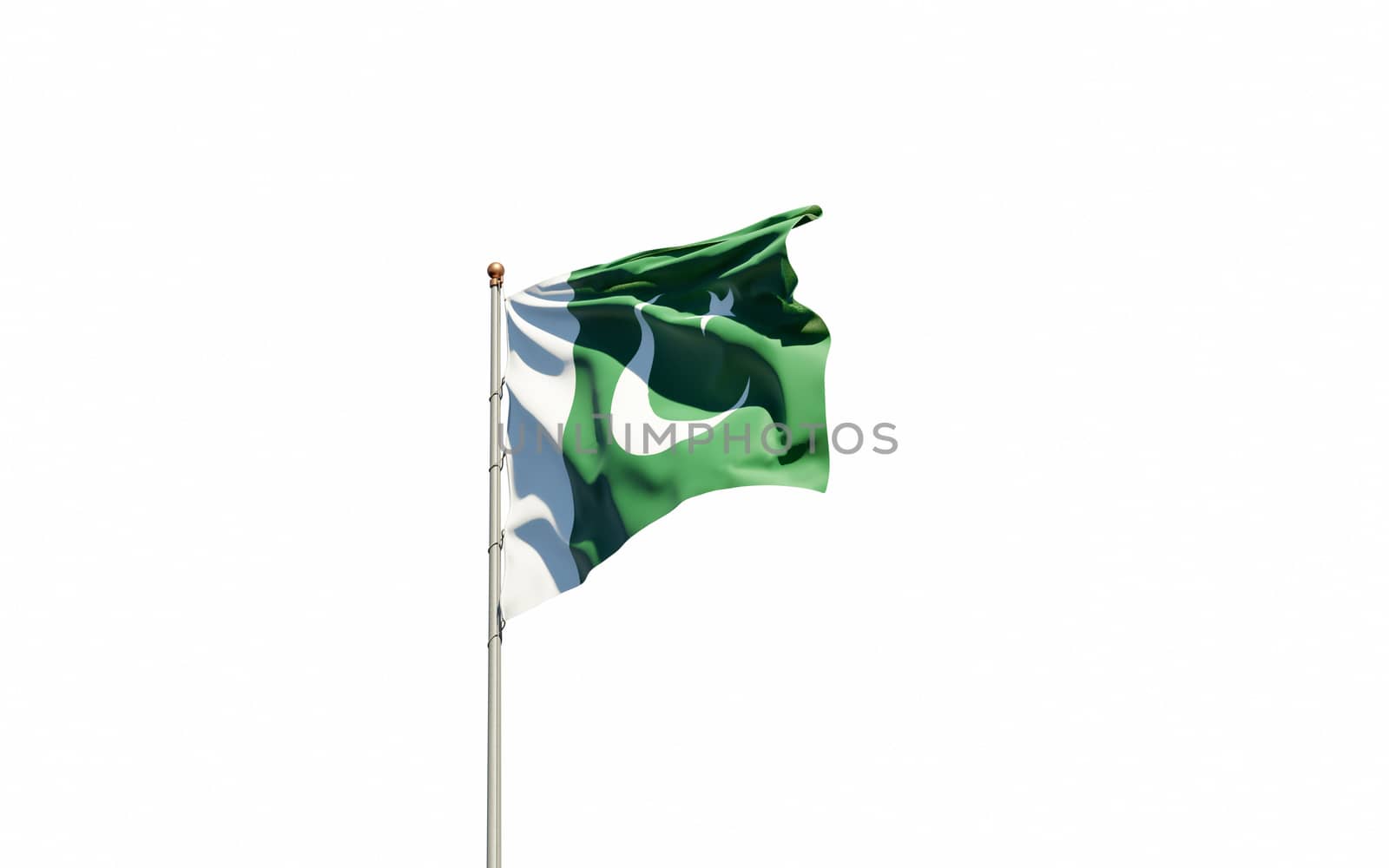 Beautiful national state flag of Pakistan fluttering at sky background. Low angle close-up Pakistan flag 3D artwork.