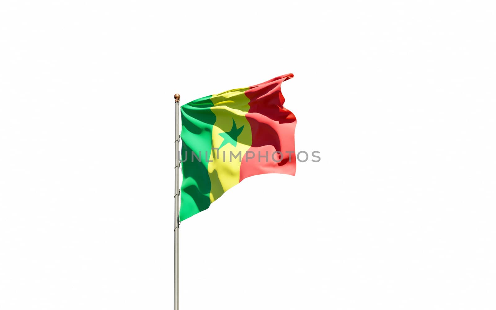 Beautiful national state flag of Senegal fluttering at sky background. Low angle close-up Senegal flag 3D artwork.