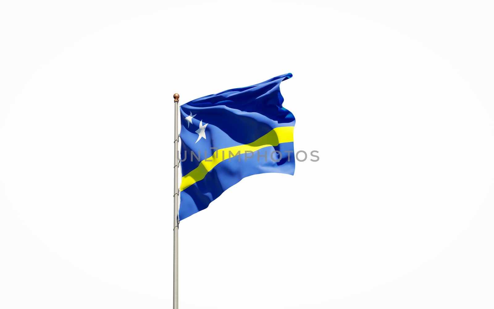 Beautiful national state flag of Curacao on white background. Isolated close-up Curacao flag 3D artwork. by altman
