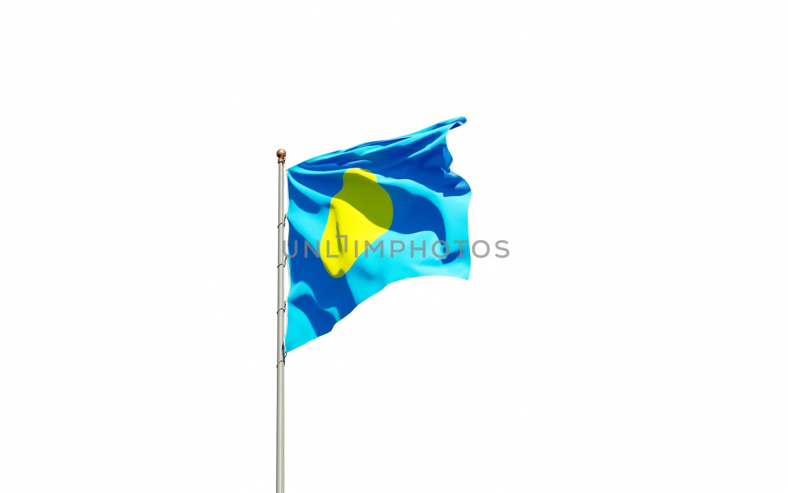 Beautiful national state flag of Palau fluttering at sky background. Low angle close-up Palau flag 3D artwork.