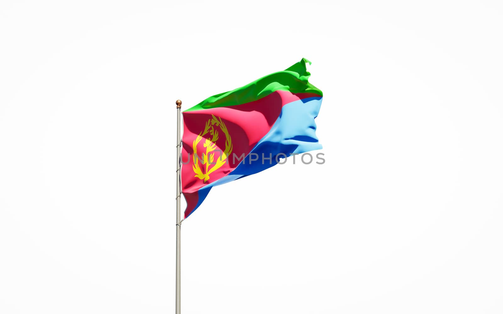 Beautiful national state flag of Eritrea on white background. Isolated close-up Eritrea flag 3D artwork.