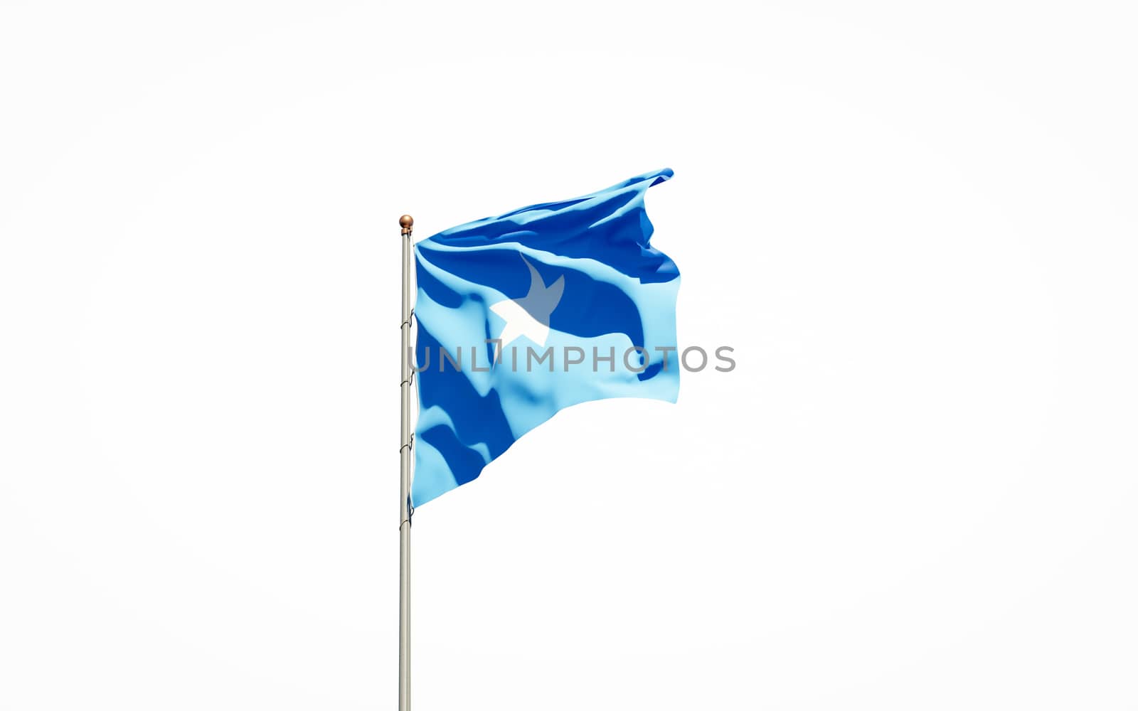 Beautiful national state flag of Somalia on white background. Isolated close-up Somalia flag 3D artwork.