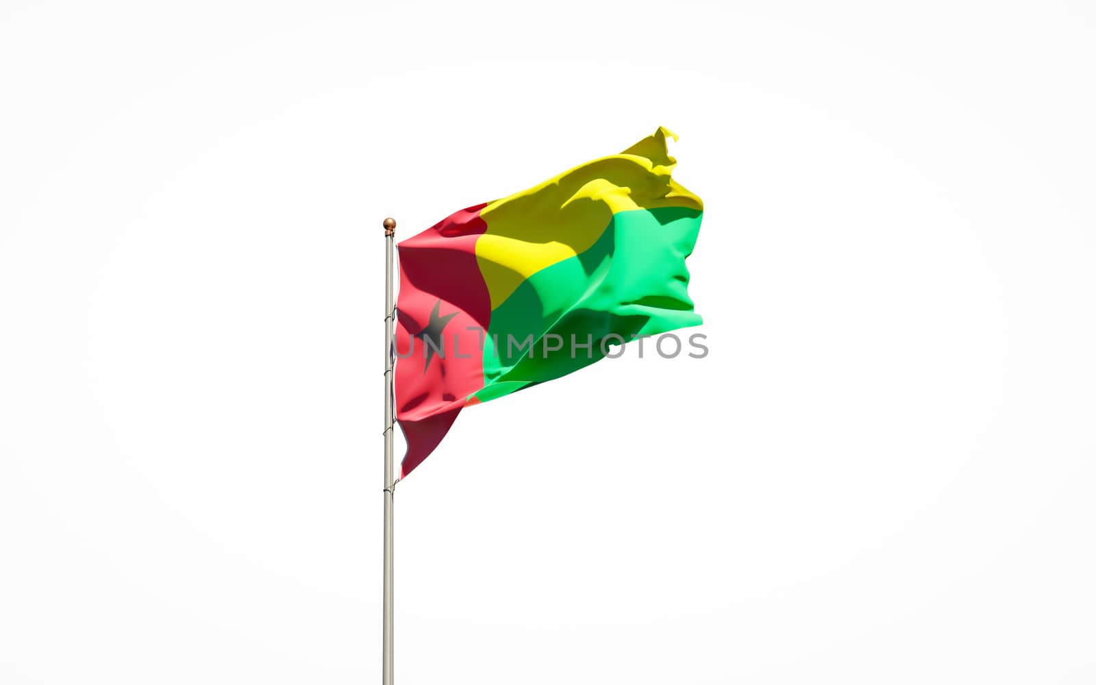 Beautiful national state flag of Guinea-Bissau on white background. Isolated close-up Guinea-Bissau flag 3D artwork.