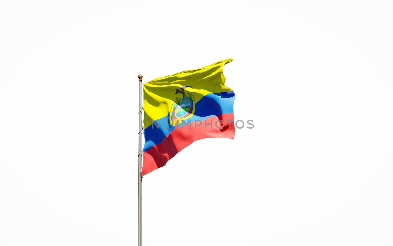 Beautiful national state flag of Ecuador on white background. Isolated close-up Ecuador flag 3D artwork.