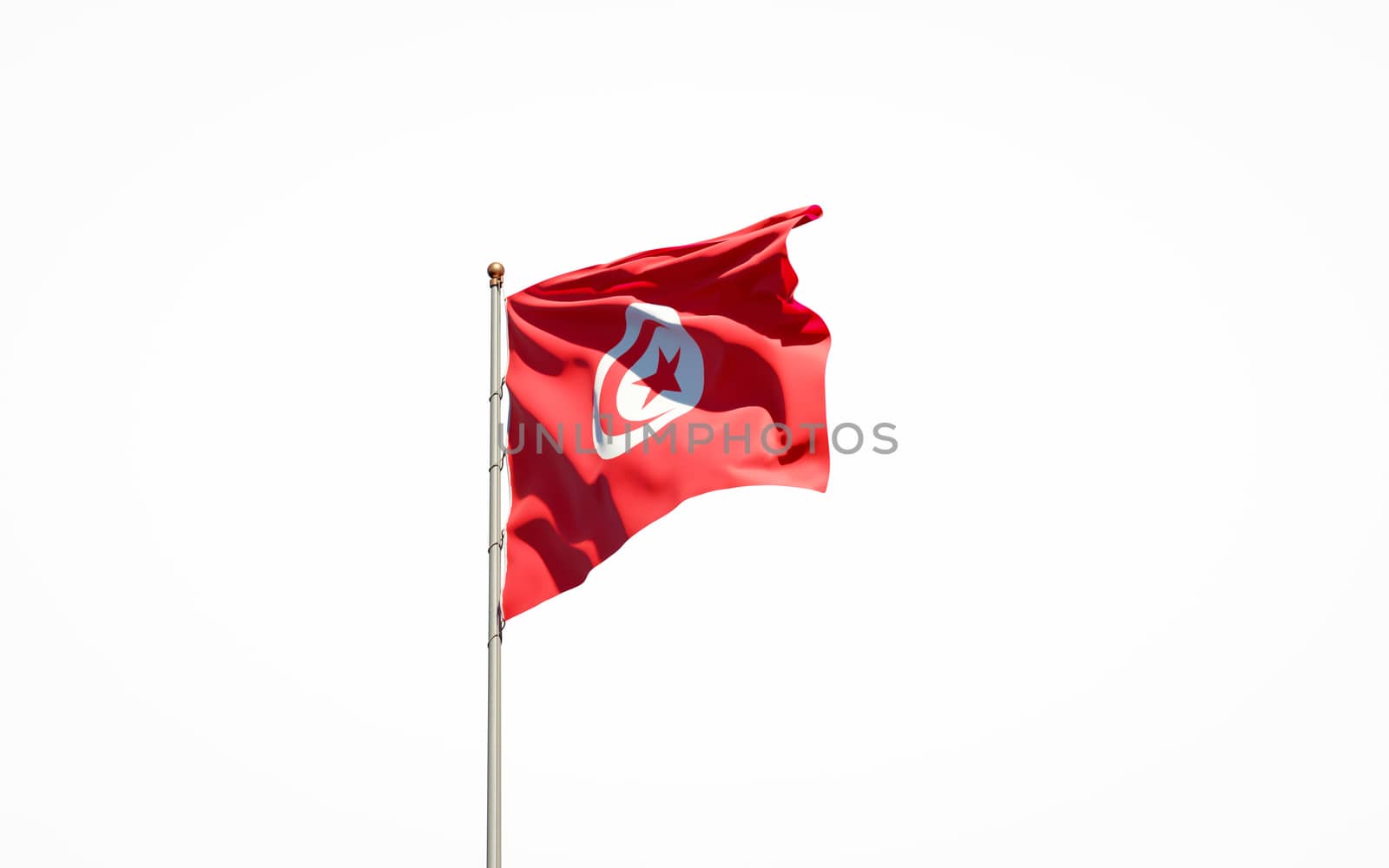 Beautiful national state flag of Tunisia on white background. Isolated close-up Tunisia flag 3D artwork.
