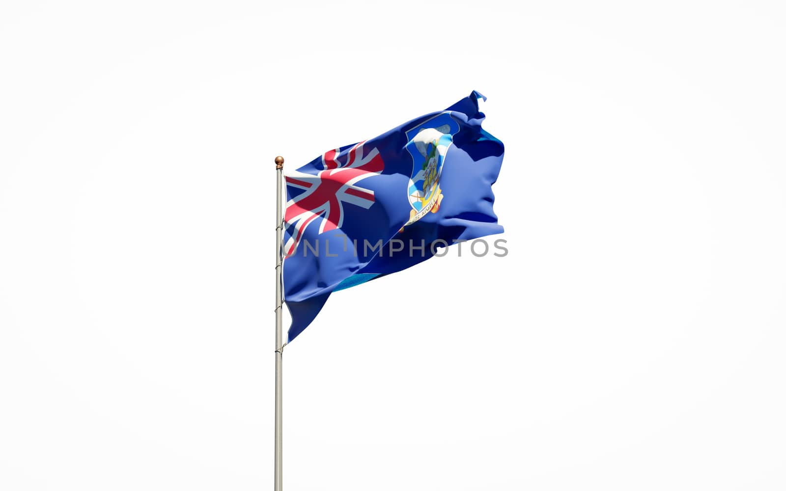 Beautiful national state flag of Falkland on white background. Isolated close-up Falkland flag 3D artwork.