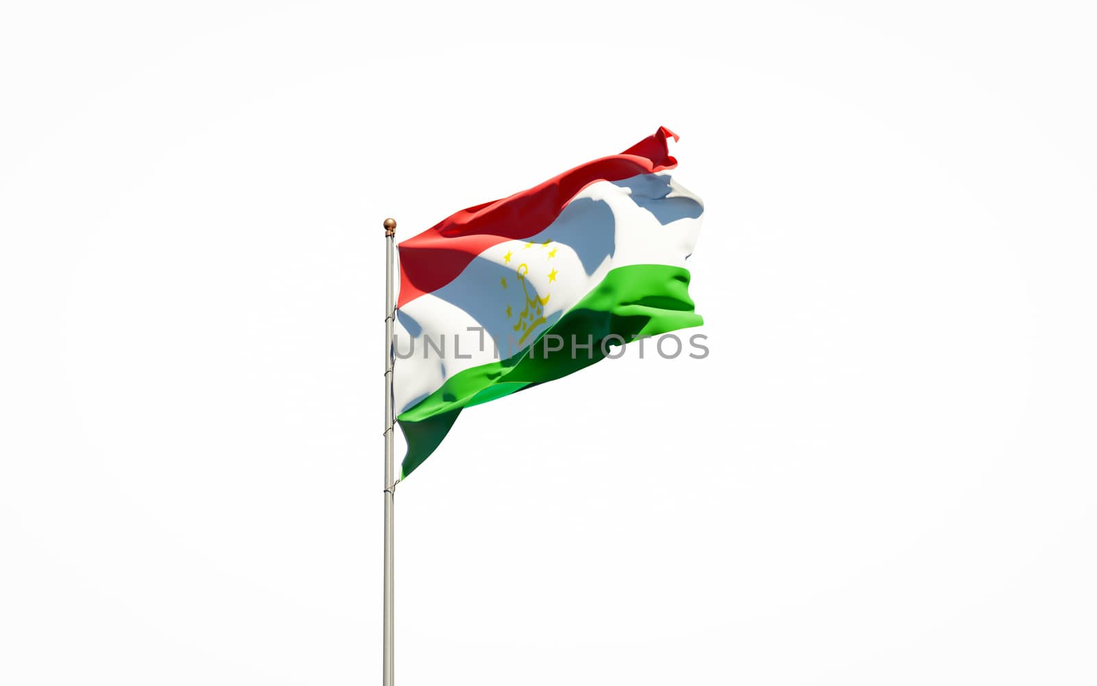 Beautiful national state flag of Tajikistan on white background. Isolated close-up Tajikistan flag 3D artwork.