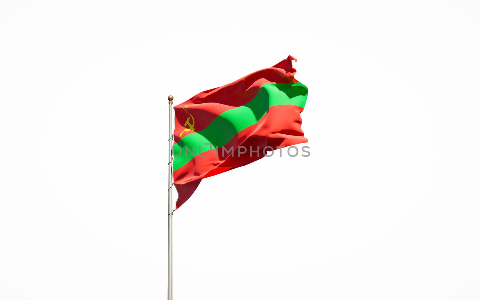 Beautiful national state flag of Transnistria on white background. Isolated close-up Transnistria flag 3D artwork.
