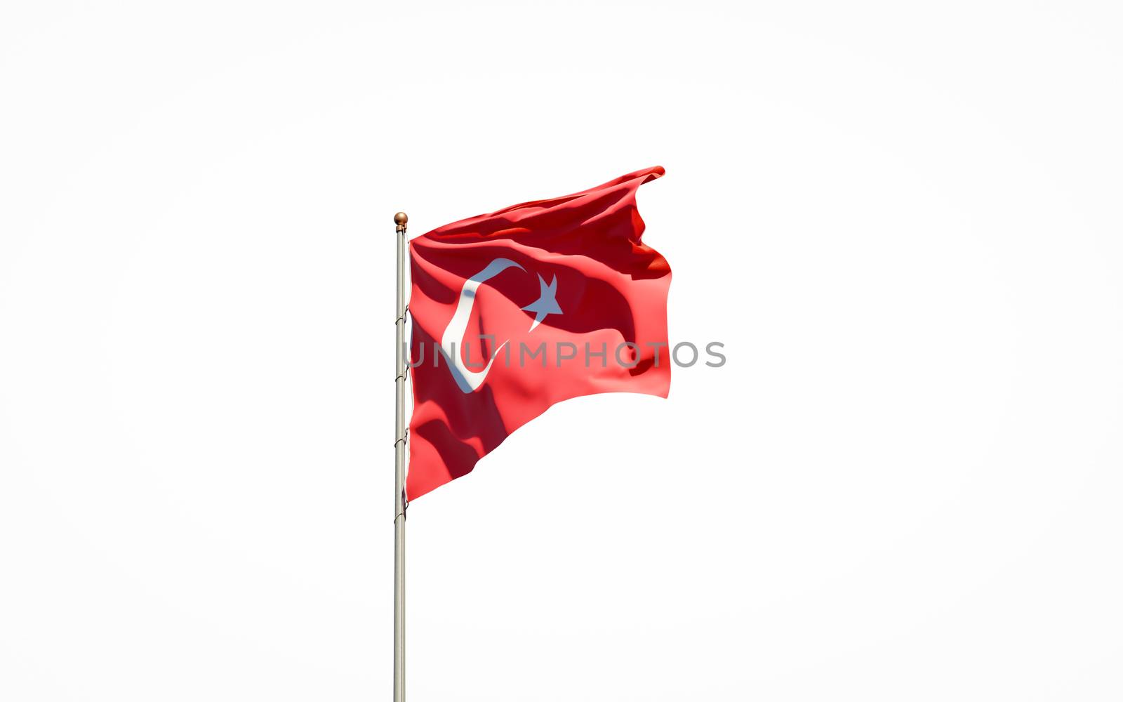 Beautiful national state flag of Turkey on white background. Isolated close-up Turkey flag 3D artwork.