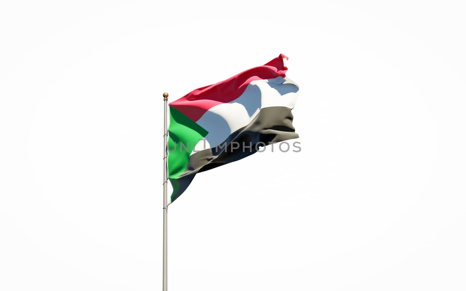 Beautiful national state flag of Sudan on white background. Isolated close-up Sudan flag 3D artwork.