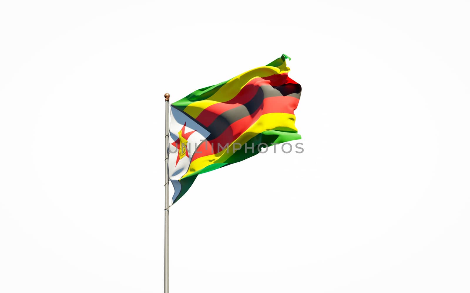 Beautiful national state flag of Zimbabwe on white background. Isolated close-up Zimbabwe flag 3D artwork.