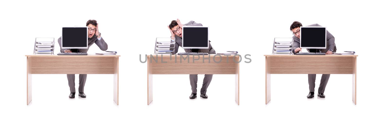 Businessman hiding in the office isolated on white