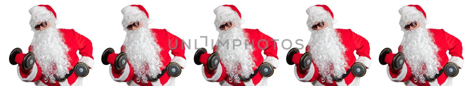 Santa Clauses working out, lifting dumbbells and doing bicep curls. Pattern style, Isolated on white background. Sport, fitness, bodybuilding conept. Banner size, copy space by DamantisZ