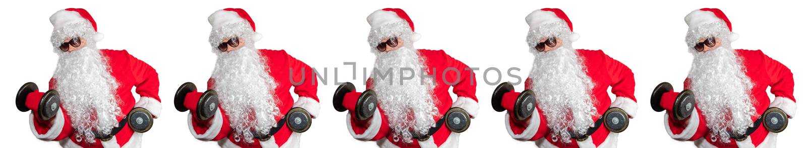 Santa Clauses working out, lifting dumbbells and doing bicep curls. Pattern style, Isolated on white background. Sport, fitness, bodybuilding conept. Banner size, copy space.