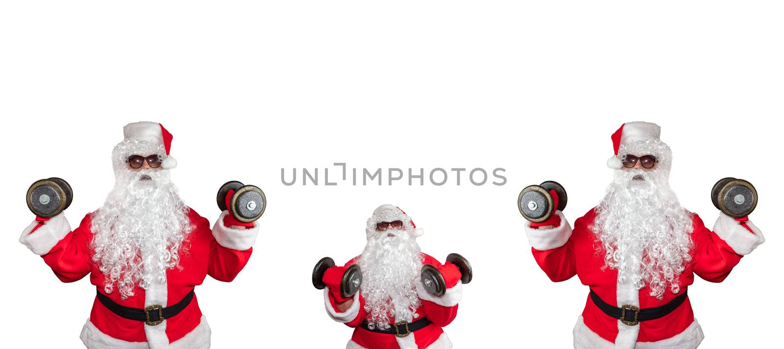 Three Santa Clauses working out, pushing and lifting dumbbells up in the air. One of them is very little and stands in the middle. Isolated on white background. Banner size, copy space by DamantisZ