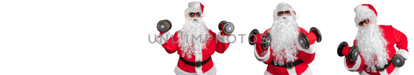 Three Santa Clauses working out, pushing and lifting dumbbells, doing bicep curls. Isolated on white background. Sport, fitness, bodybuilding conept. Banner size, copy space.