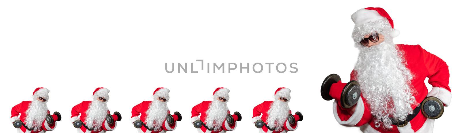 Santa Clauses working out, lifting dumbbells and doing bicep curls. Five smalls santas facing a big santa. Isolated on white background. Sport, fitness, bodybuilding conept. Banner size, copy space by DamantisZ