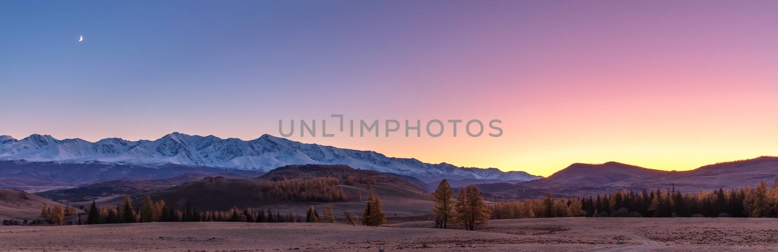 Beautiful panorama of a valley full of trees and white snowy mountains in the background. Sky is blue, orange, pink, and purple. Blue hour. Fall time. Sunset. Altai mountains, Russia by DamantisZ