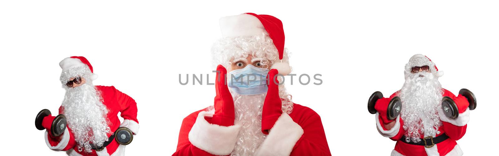 Santa Claus wearing a medical mask with his arms by his face, eyes wide open. He looks scared. Two Santa Clauses working out in the background. Isolated on white background. Banner size, copy space. by DamantisZ