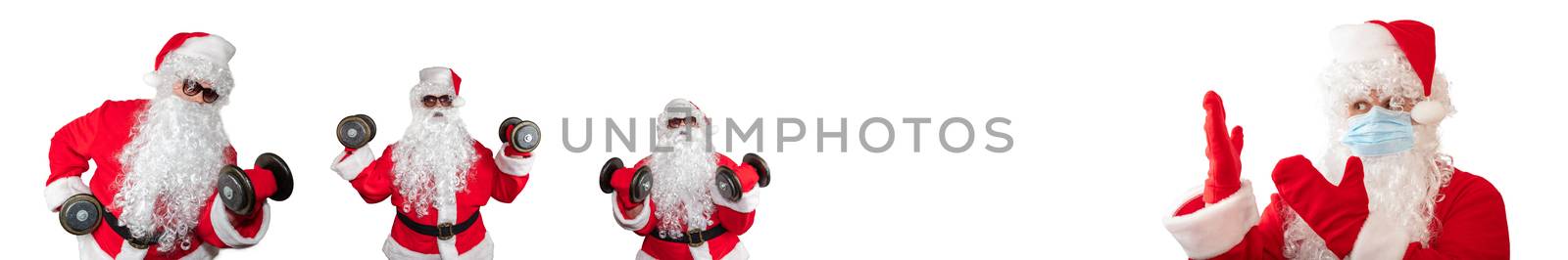 Santa Claus wearing a medical mask pointing at other Santa Clauses working out and doing bicep curls. Isolated on white background. Sport, fitness, medical conept. Banner size, copy space.