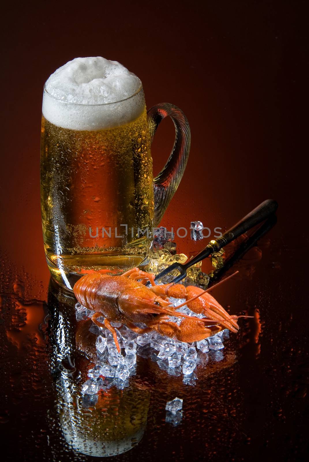 Glass of bier and crawfish on a glass background