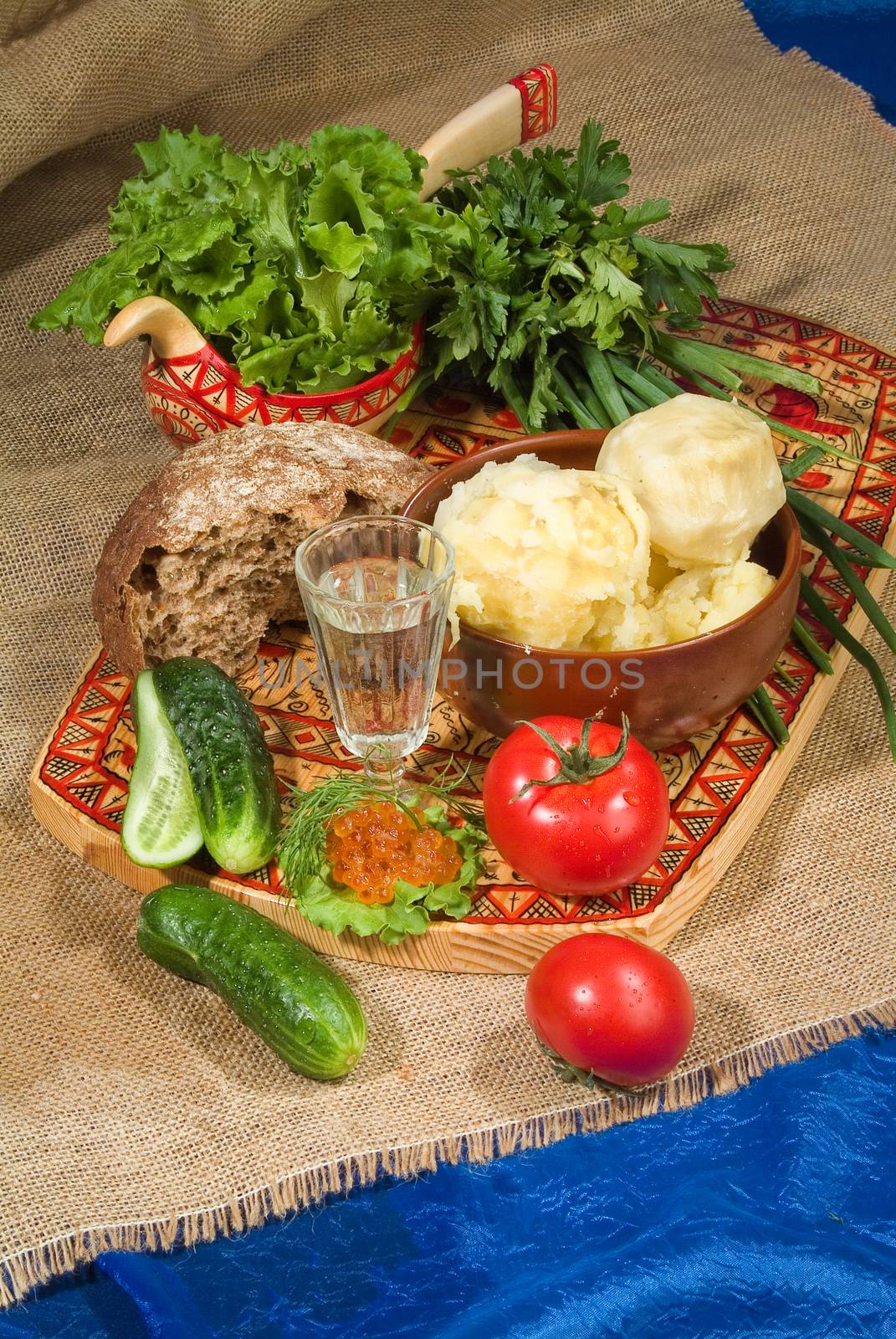 Still life in Russian national style on canvas background