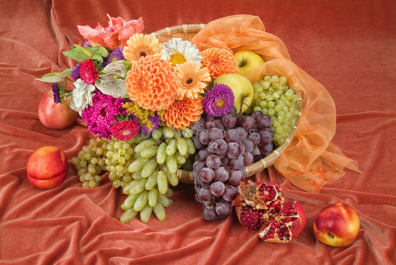 Fruits and flowers on a studio background