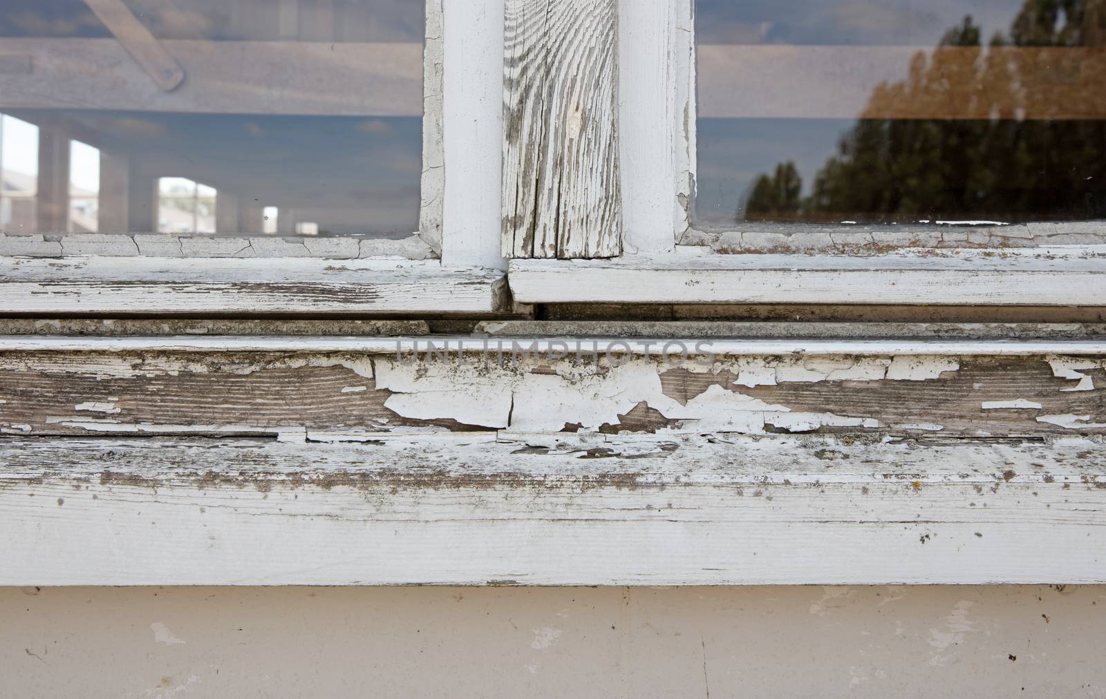 Home repair maintenance wooden window frame, selective focus