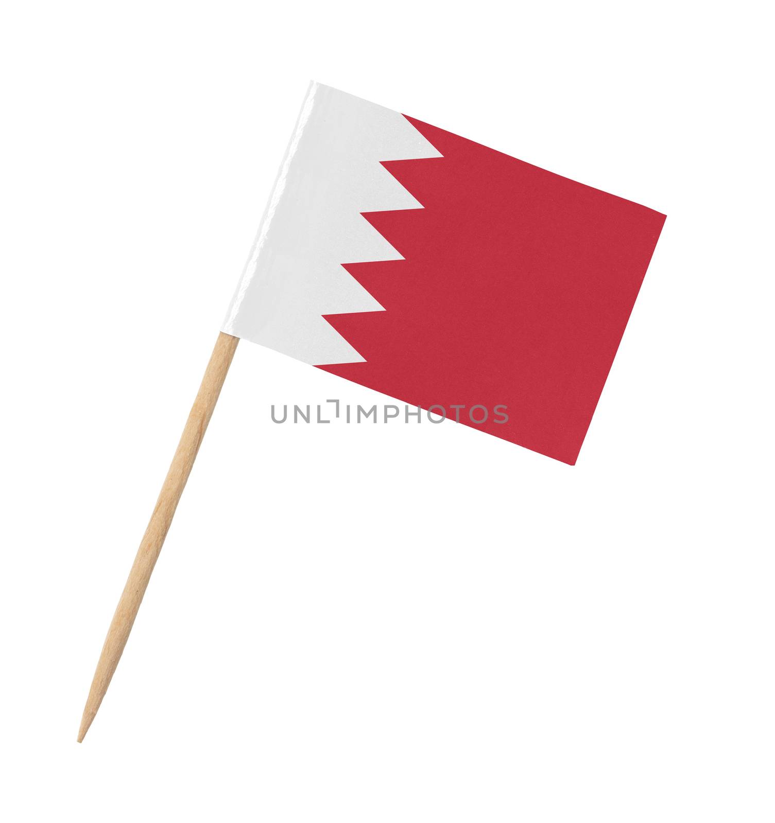 Small paper flag of Bahrain on wooden stick, isolated on white