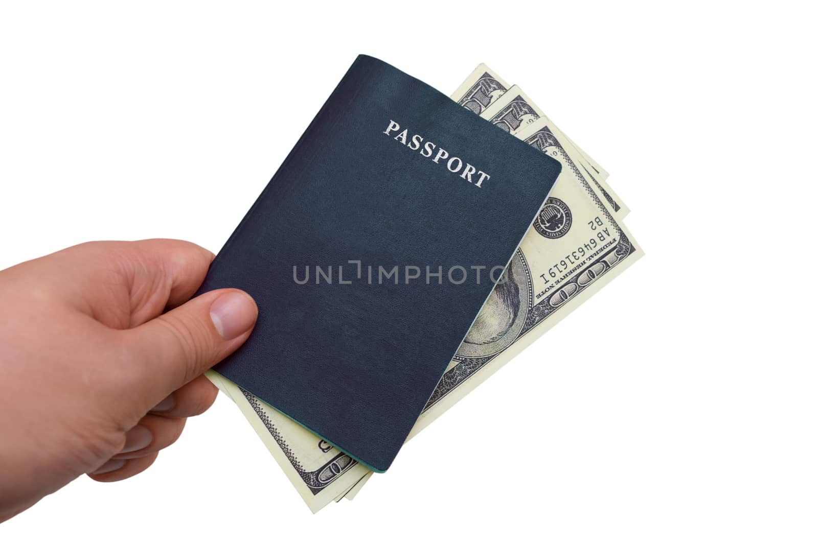 Passport and money in the hands of a man on a white background. Man gives a bribe by putting money in his passport
